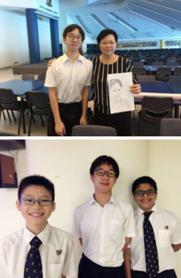 Two photos: a man and woman holding a pencil portrait in a hall, and three boys in school uniforms smiling.